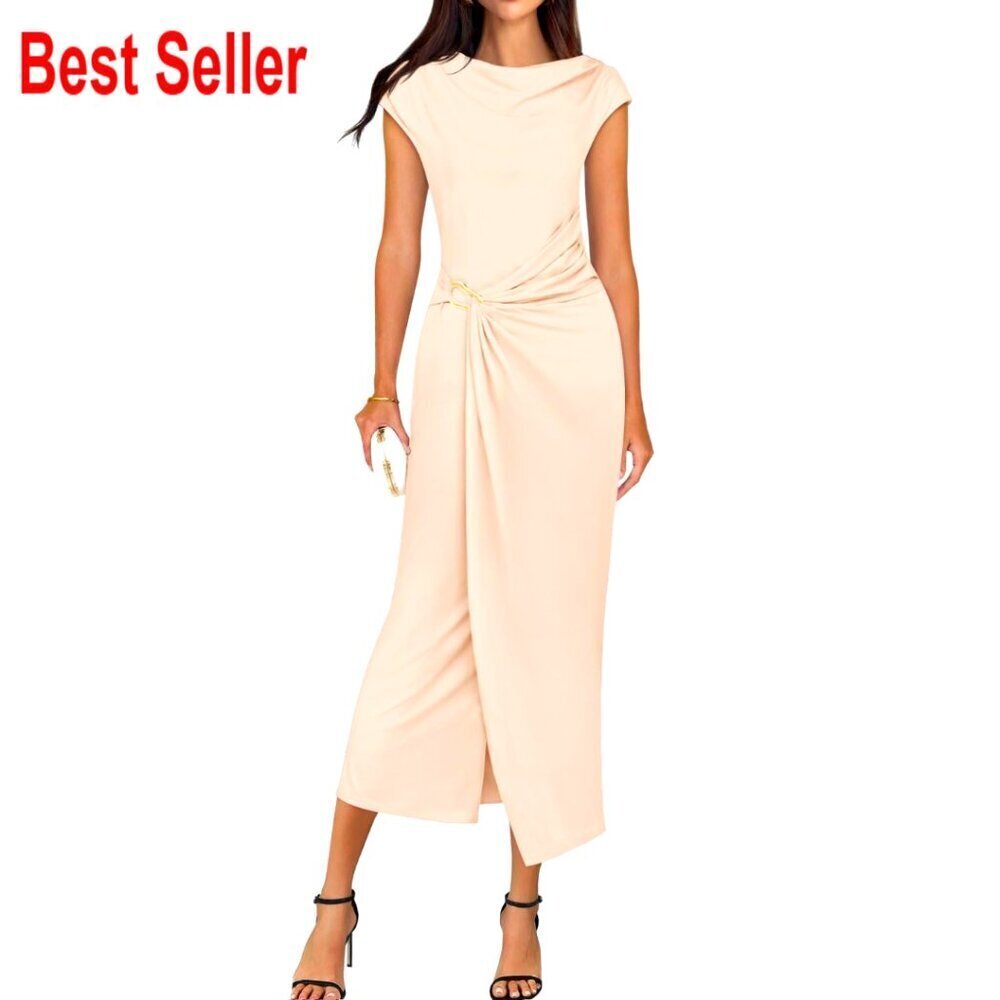 Mock Neck Bodycon Midi Dress Cap Sleeve Slim Fit Party Cocktail